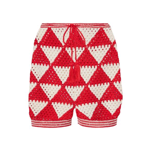 Anna Kosturova 'Malia' Red Cotton Crochet High-Rise Shorts Size S